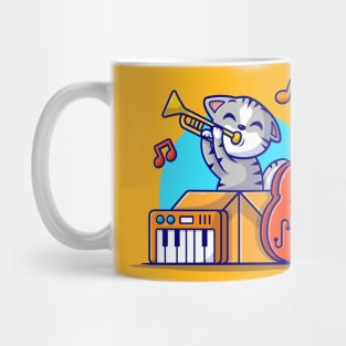 Cute Cat Playing Jazz Music in Box with Saxophone, Piano and Contrabass Cartoon Vector Icon Illustration Mug